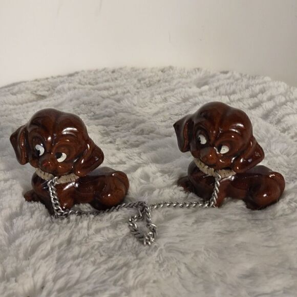 Two Vtg. Redware Terracotta Puppy Figurines w/ Chain Leash. - Picture 5 of 5
